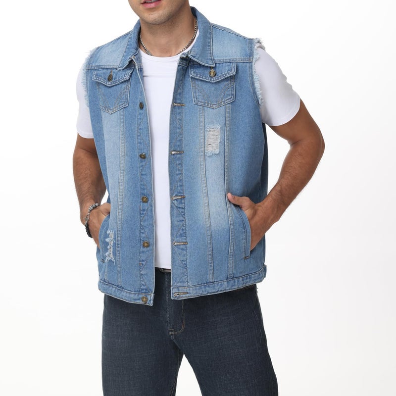 NASKY Men's Fit Retro Ripped Denim Vest Sleeveless Lapel Jean Vest Jacket Waistcoat Top(Large,Light blue) - Image 2